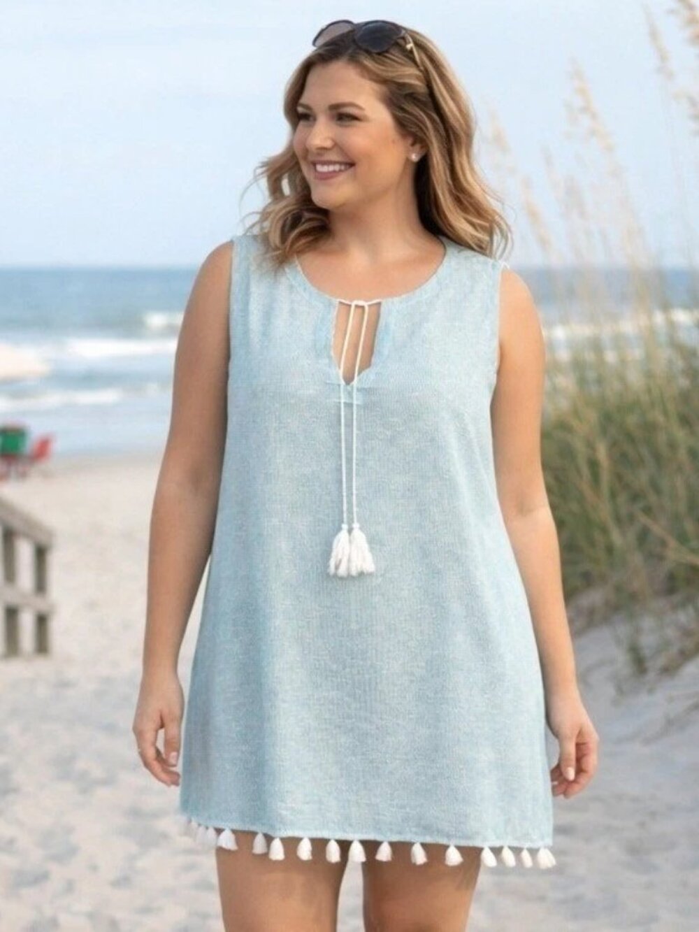 NEW Tahari Linen Blend Tasseled Beach Cover-Up Dress Sleeveless Blue Stripe